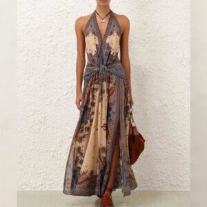 Zimmermann Blue Cream Indienne Floral Ascension Plunge Halter Maxi  Dress